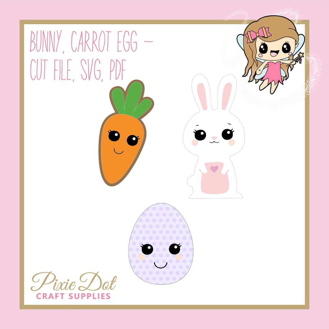 Kawaii Bunny, Carrot, Egg cut file  - SVG, PDF, Silhouette Studio