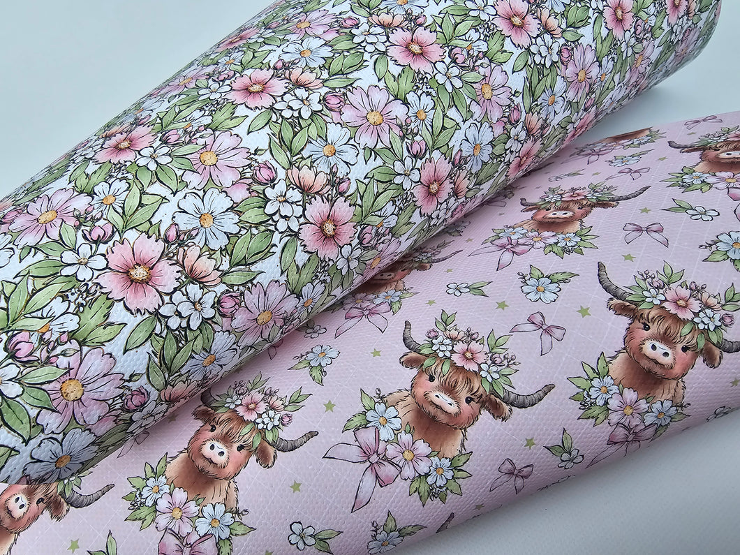 Highland Cow and Flower Fabric - 2 to choose from