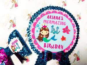 Mermaid Custom Birthday bow, badge and guest badges wreath fabric