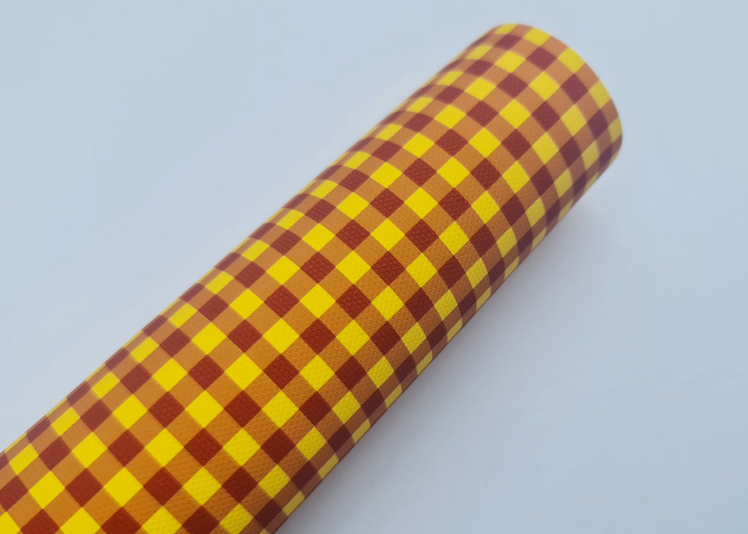 Burgundy and Yellow Gingham Fabric (Larger Squares)