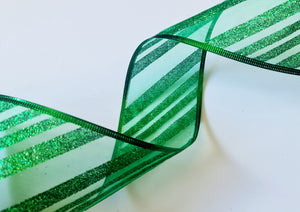 Glitter Stripe Green Wired Edge Ribbon 63mm (Per meter)