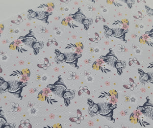 Bunny and butterfly grey printed fabric