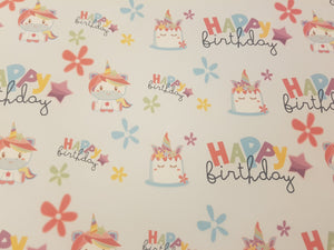 Happy Birthday Unicorn Printed Fabric - Approx A4