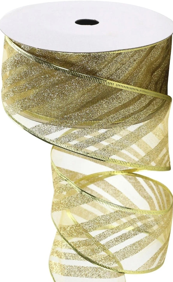 Glitter Stripe Gold Wired Edge Ribbon 63mm (Per Meter)